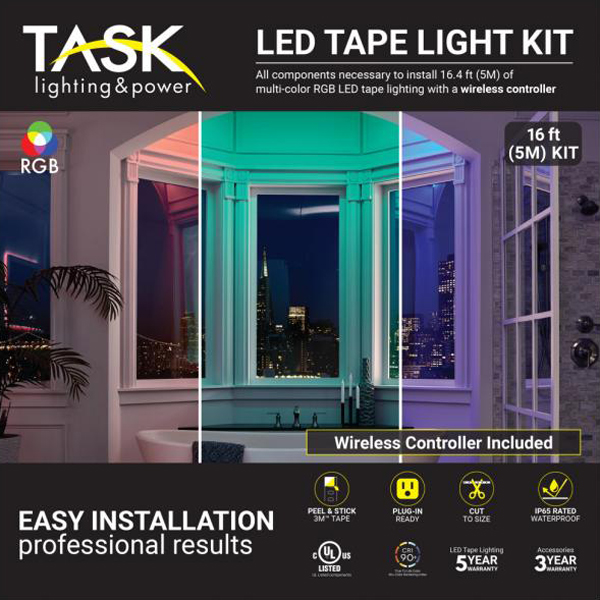 Task Lighting 16 FT 130 Lumen/Ft Multi-Color RGB LED Wireless Controller Tape Light Kit