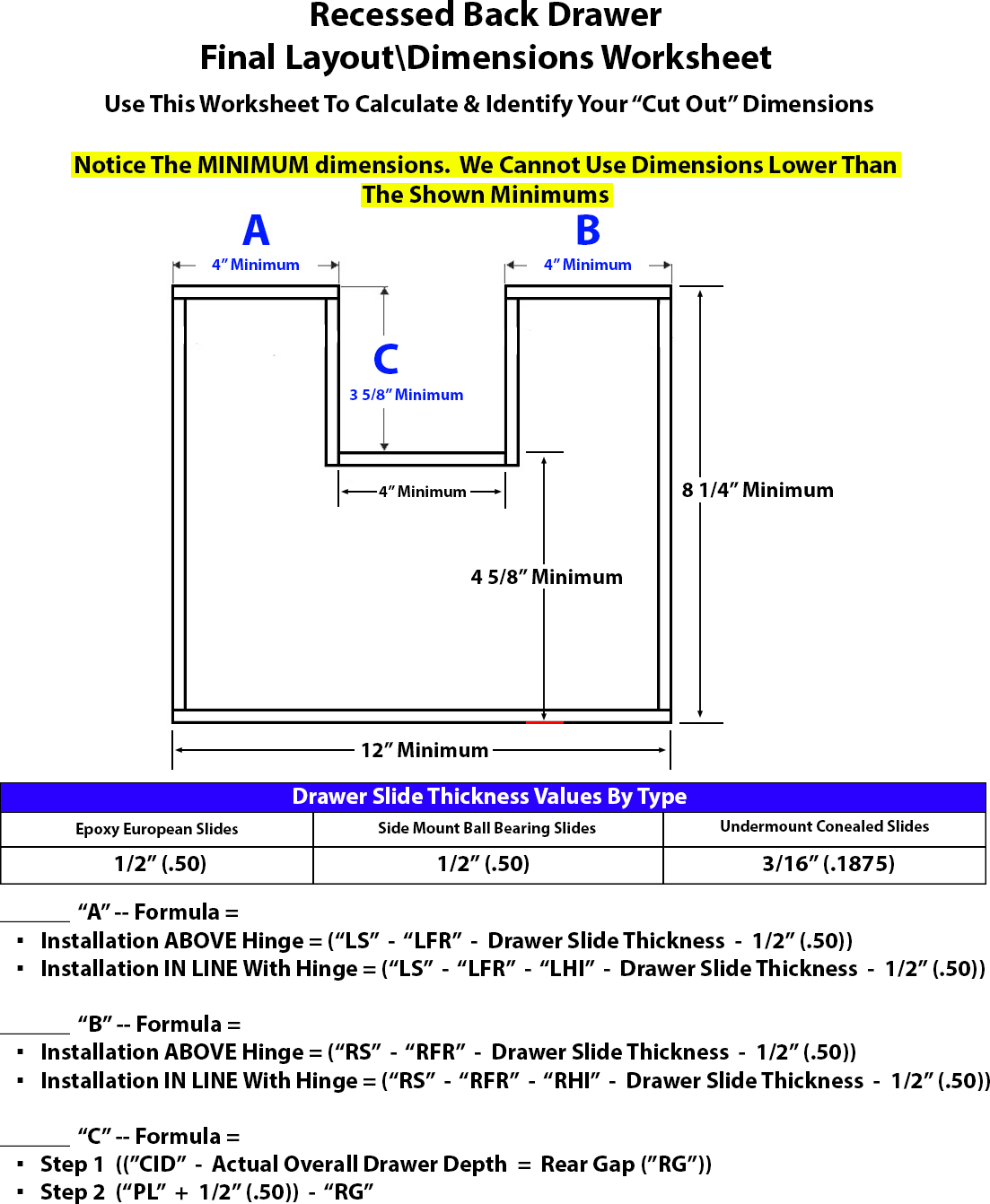 Recessed Back Drawer Layout Worksheet